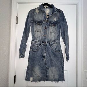 New, Malibu Bum Long Sleeve Button Front Distressed Denim Dress